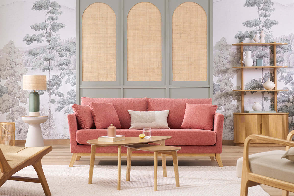 Skandinavisches Sofa aus terracottafarbenem Stoff mit Samteffekt, abnehmbarem Bezug und hellem Holz 3-Sitzer OSLO