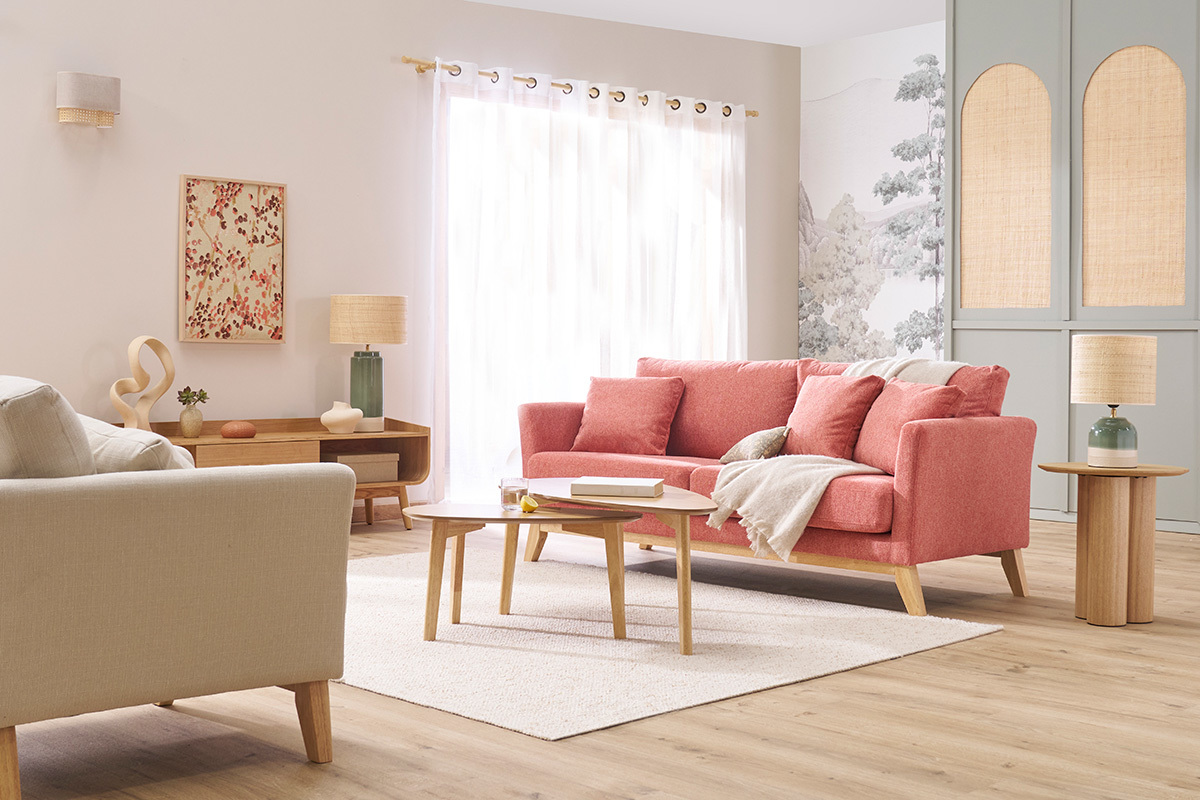 Skandinavisches Sofa aus terracottafarbenem Stoff mit Samteffekt, abnehmbarem Bezug und hellem Holz 3-Sitzer OSLO