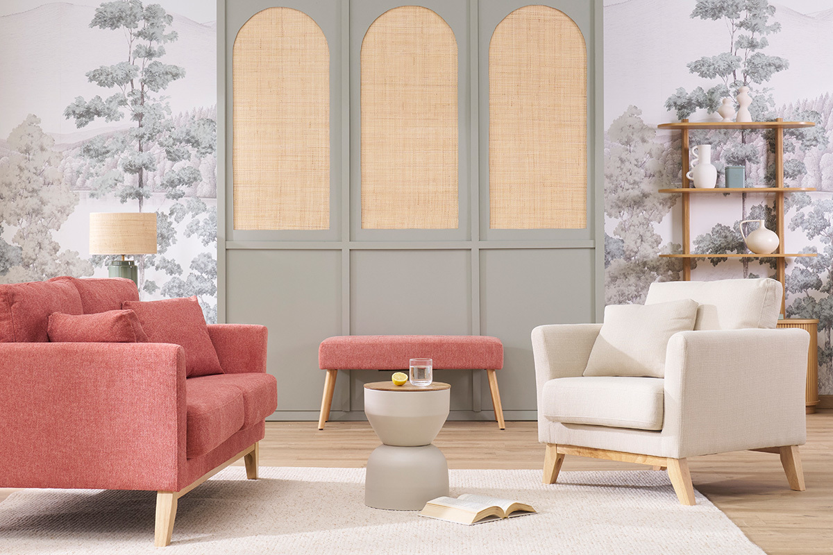 Skandinavisches Sofa aus terracottafarbenem Stoff mit Samteffekt, abnehmbarem Bezug und hellem Holz 3-Sitzer OSLO