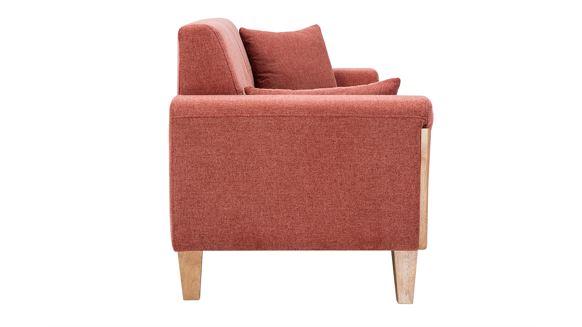 Skandinavisches Sofa aus terracottafarbenem Stoff mit Samteffekt und hellem Holz 3-Sitzer FJORD
