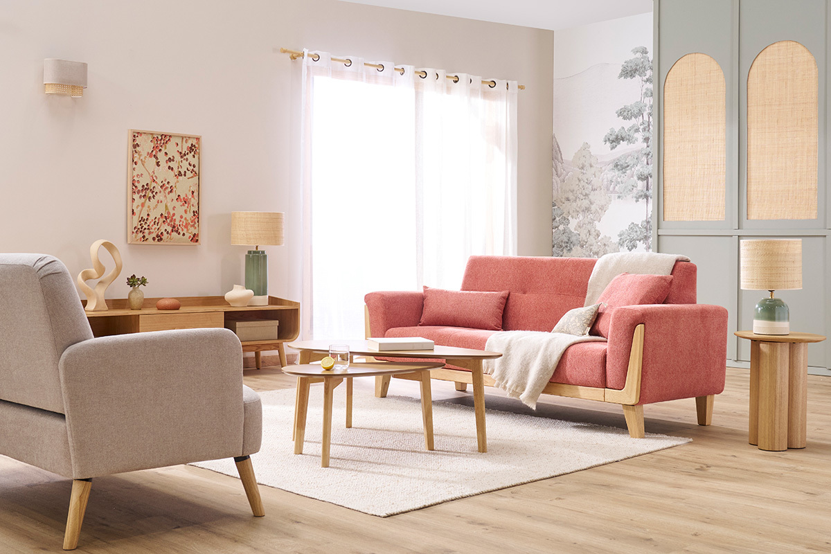 Skandinavisches Sofa aus terracottafarbenem Stoff mit Samteffekt und hellem Holz 3-Sitzer FJORD