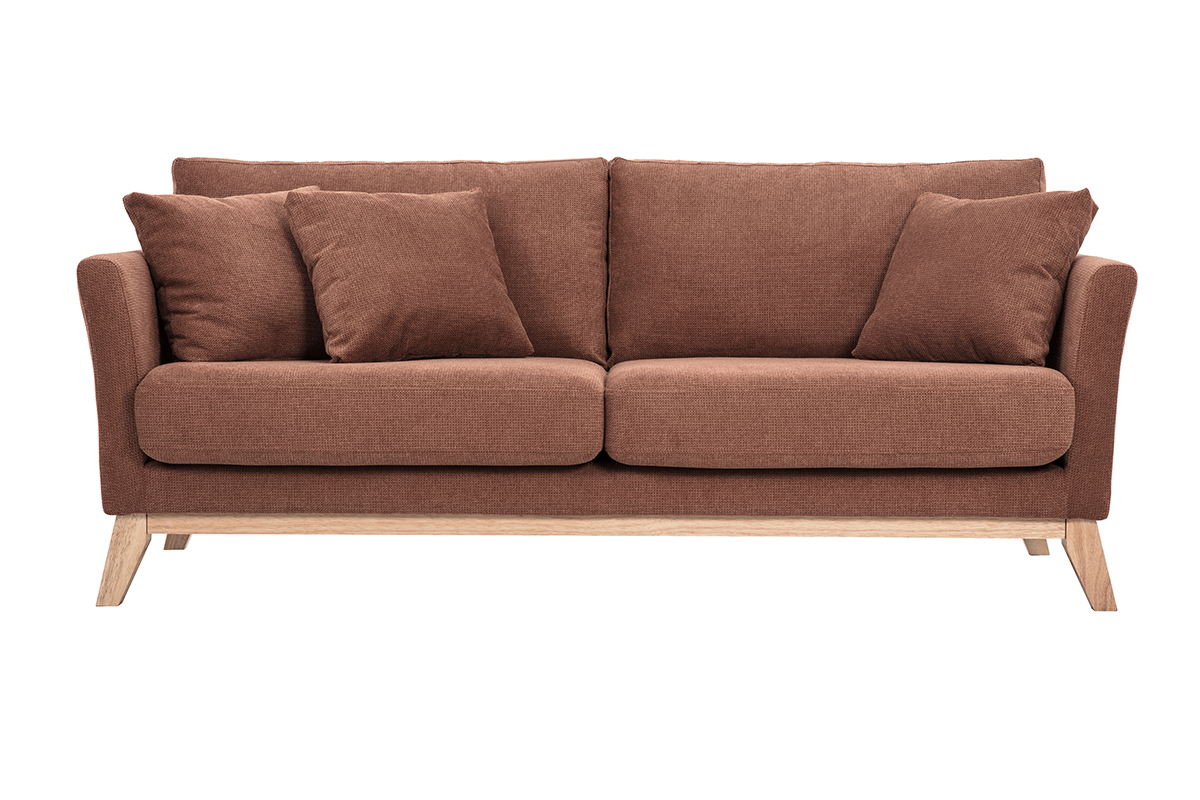 Skandinavisches 3-Sitzer Sofa aus Chenille-Stoff in gebrannter Erde Farbe mit hellen Holzbeinen, Frontansicht.