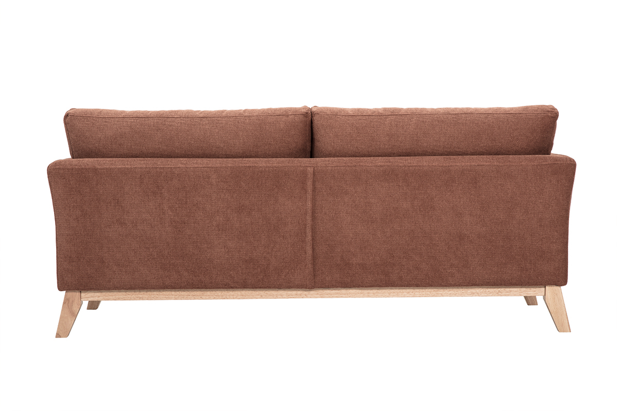 Hintere Ansicht eines skandinavischen 3-Sitzer-Sofas aus Chenille-Stoff in gebrannter Erde und hellem Holz.