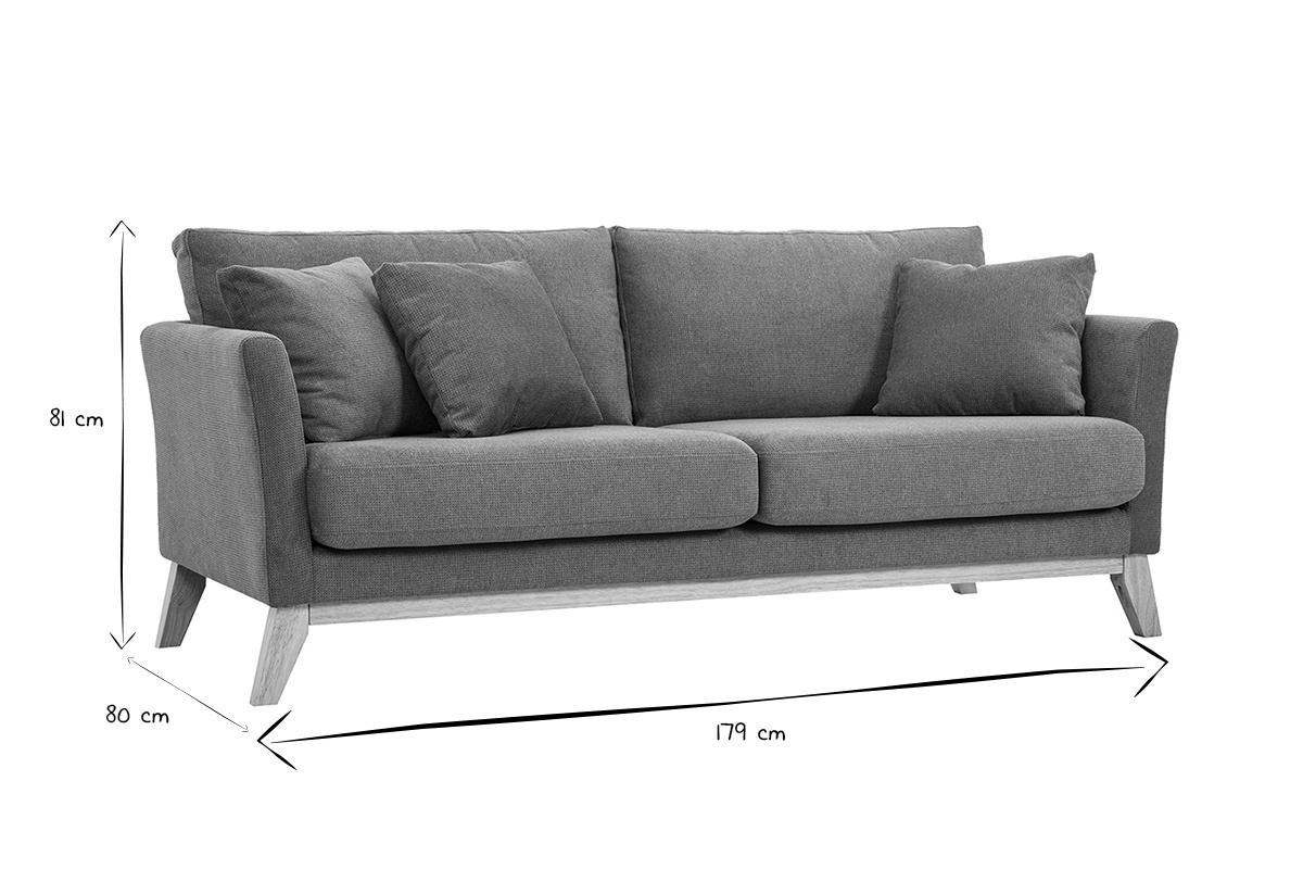 3-Sitzer Sofa Frontansicht, Ma�e 179x80x81 cm, in Schwarz und Wei�.