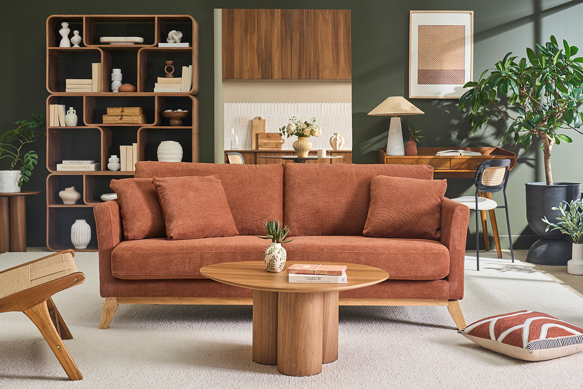 Skandinavisches Sofa mit 3 Sitzpl�tzen in gebranntem Erde Chenille-Stoff und hellem Holz OSLO
