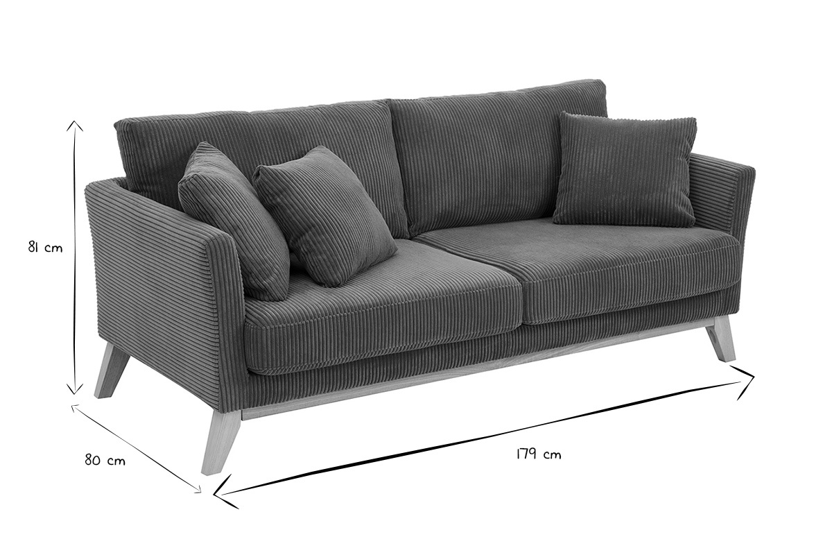 Skandinavisches Sofa mit abnehmbarem Bezug, 3-Sitzer in kordiertem Samtstoff khakigrn und hellem Holz OSLO