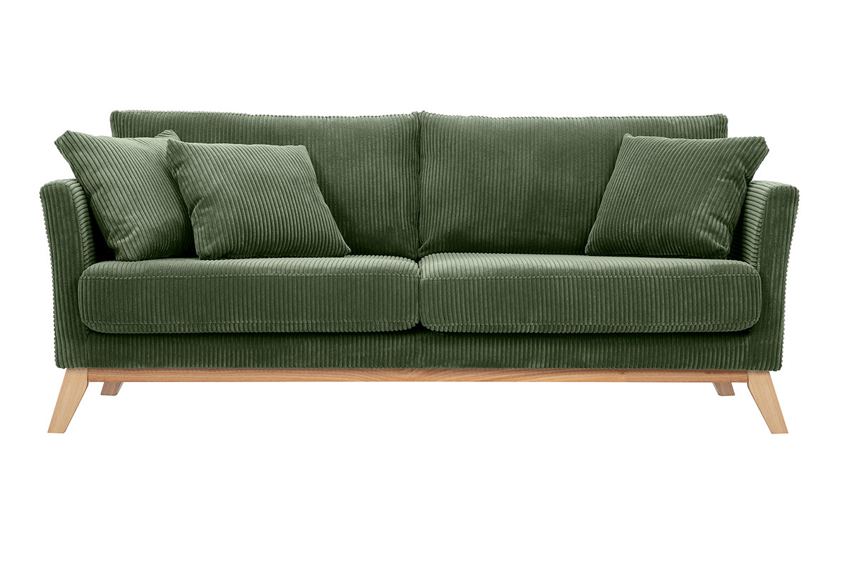 Skandinavisches Sofa mit abnehmbarem Bezug, 3-Sitzer in kordiertem Samtstoff khakigrn und hellem Holz OSLO