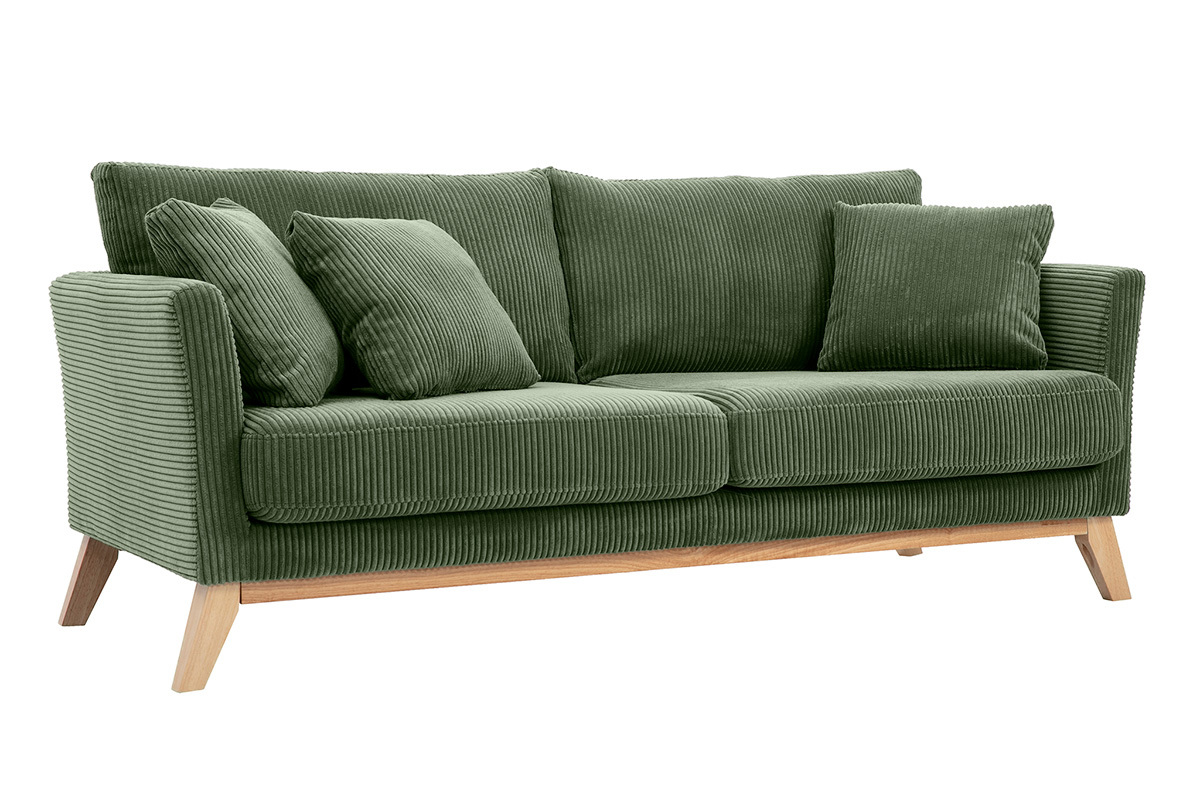 Skandinavisches Sofa mit abnehmbarem Bezug, 3-Sitzer in kordiertem Samtstoff khakigrn und hellem Holz OSLO