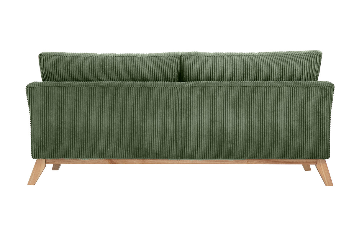 Skandinavisches Sofa mit abnehmbarem Bezug, 3-Sitzer in kordiertem Samtstoff khakigrn und hellem Holz OSLO
