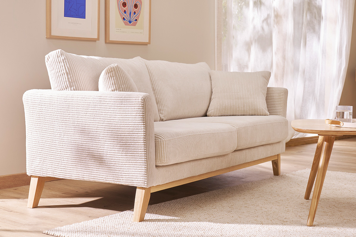 Skandinavisches Sofa mit abnehmbarem Bezug, 3-Sitzer in kordiertem Samtstoff khakigrn und hellem Holz OSLO
