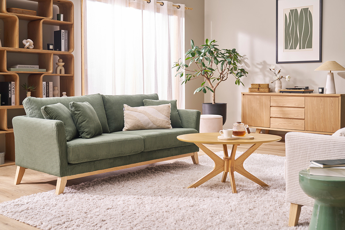 Skandinavisches Sofa mit abnehmbarem Bezug, 3-Sitzer in kordiertem Samtstoff khakigrn und hellem Holz OSLO