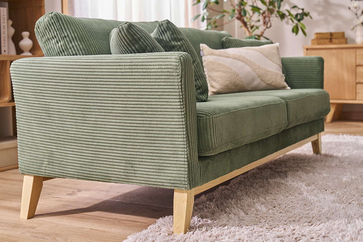 Skandinavisches Sofa mit abnehmbarem Bezug, 3-Sitzer in kordiertem Samtstoff khakigrn und hellem Holz OSLO