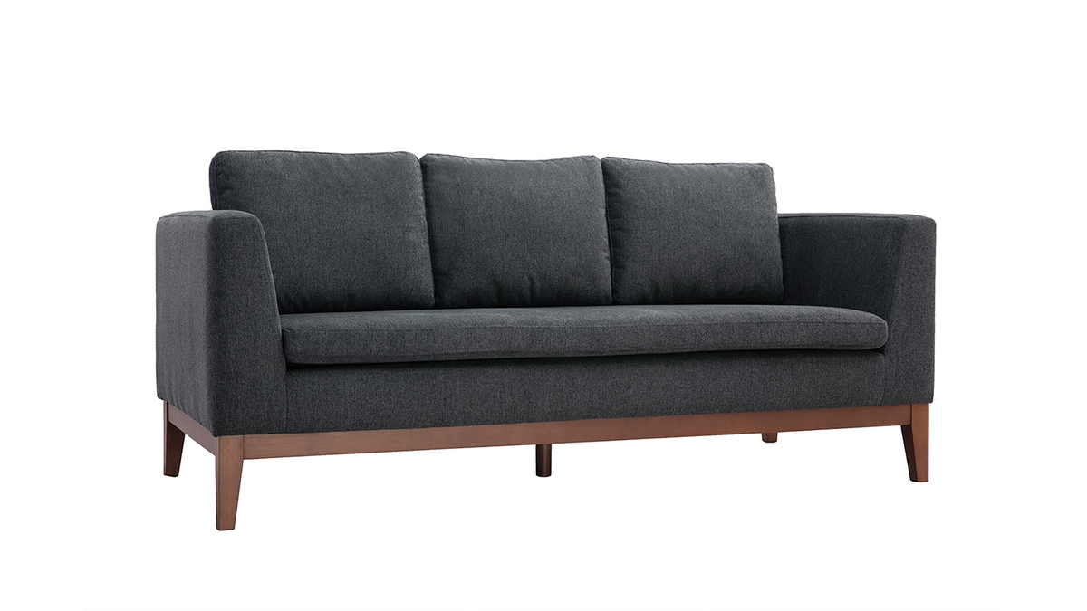 Skandinavisches Sofa mit dunkelgrauem Stoff mit Samteffekt und Holzfen 3-Sitzer SHIRO