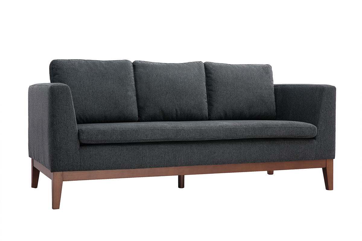 Skandinavisches Sofa mit dunkelgrauem Stoff mit Samteffekt und Holzfen 3-Sitzer SHIRO