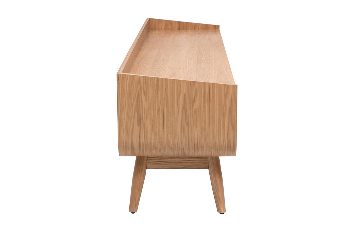 Skandinavisches TV-M�bel aus hellem Holz, Seitenansicht, L�nge 200 cm, mit konisch zulaufenden Beinen.