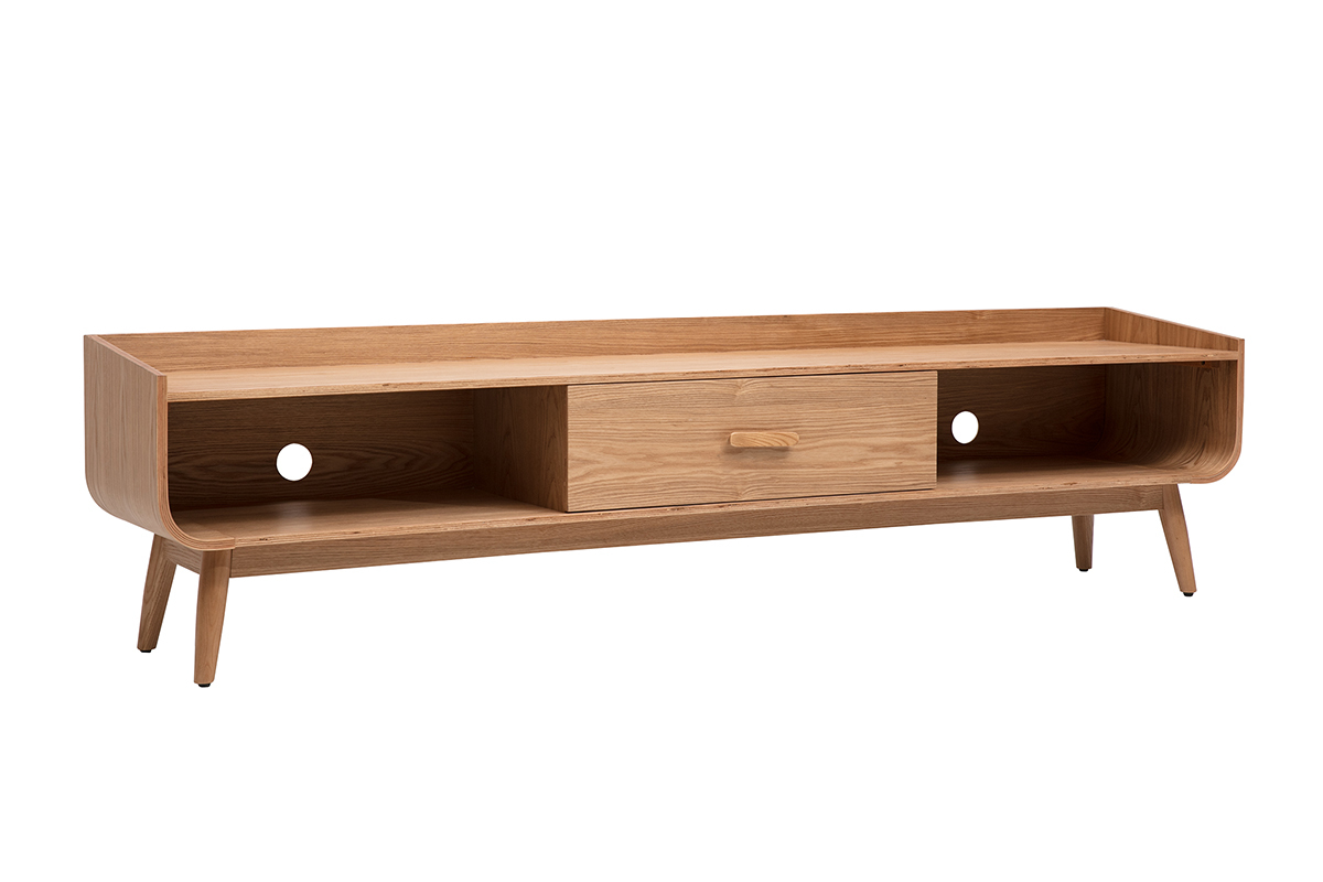 Skandinavisches TV-M�bel aus hellem Holz, 3/4-Ansicht, mit zentraler Schublade und offenen F�chern.