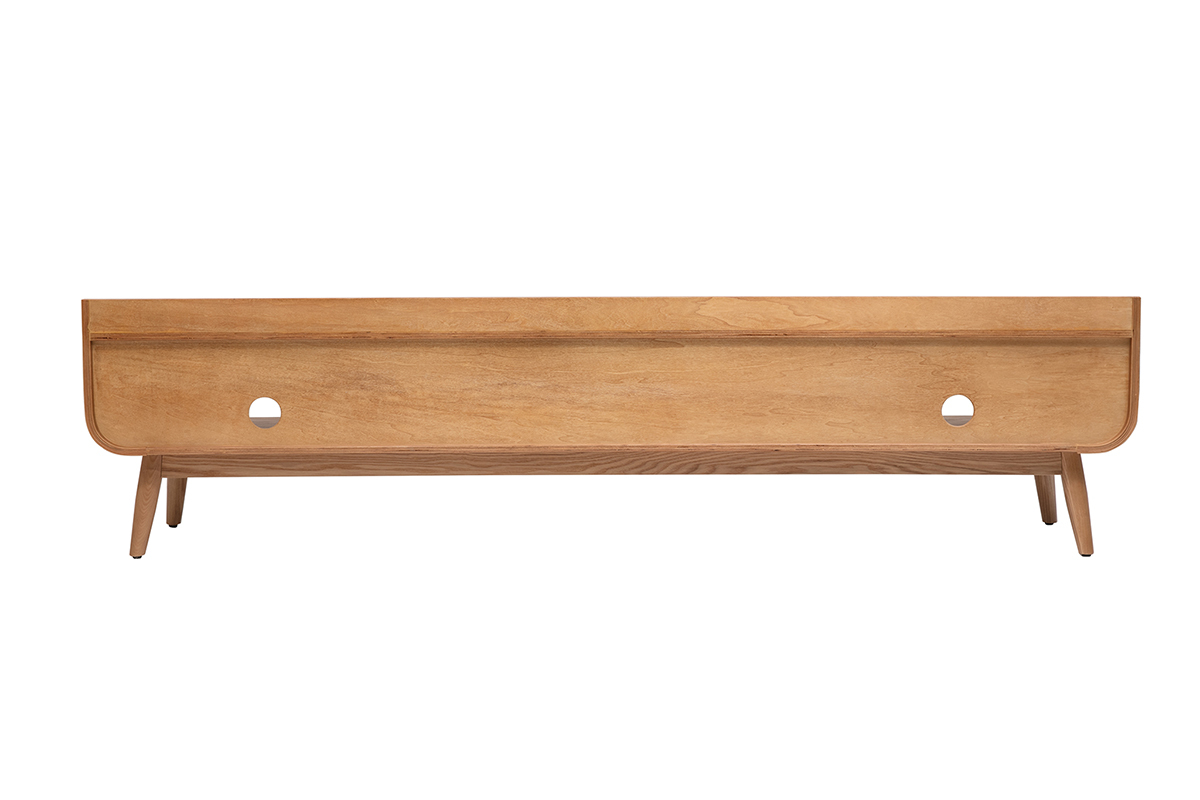 Scandinavisches TV-M�bel aus hellem Eschenholz, L200 cm, R�ckansicht, mit Schublade und offenen F�chern.
