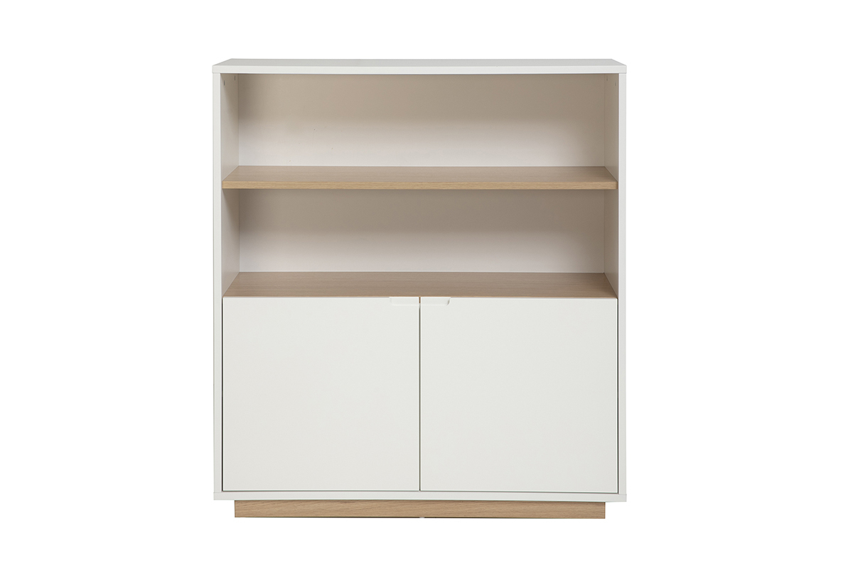 Wei�es skandinavisches Sideboard aus hellem Holz mit Regalen und zwei T�ren, Vorderansicht.
