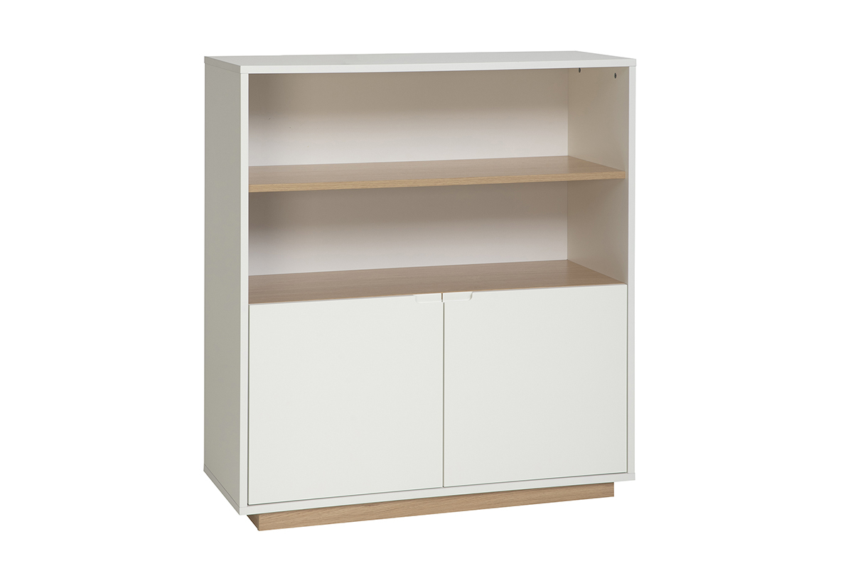 Wei�er skandinavischer Buffet-Schrank mit heller Holzoberfl�che, 2 T�ren, 3/4-Ansicht.