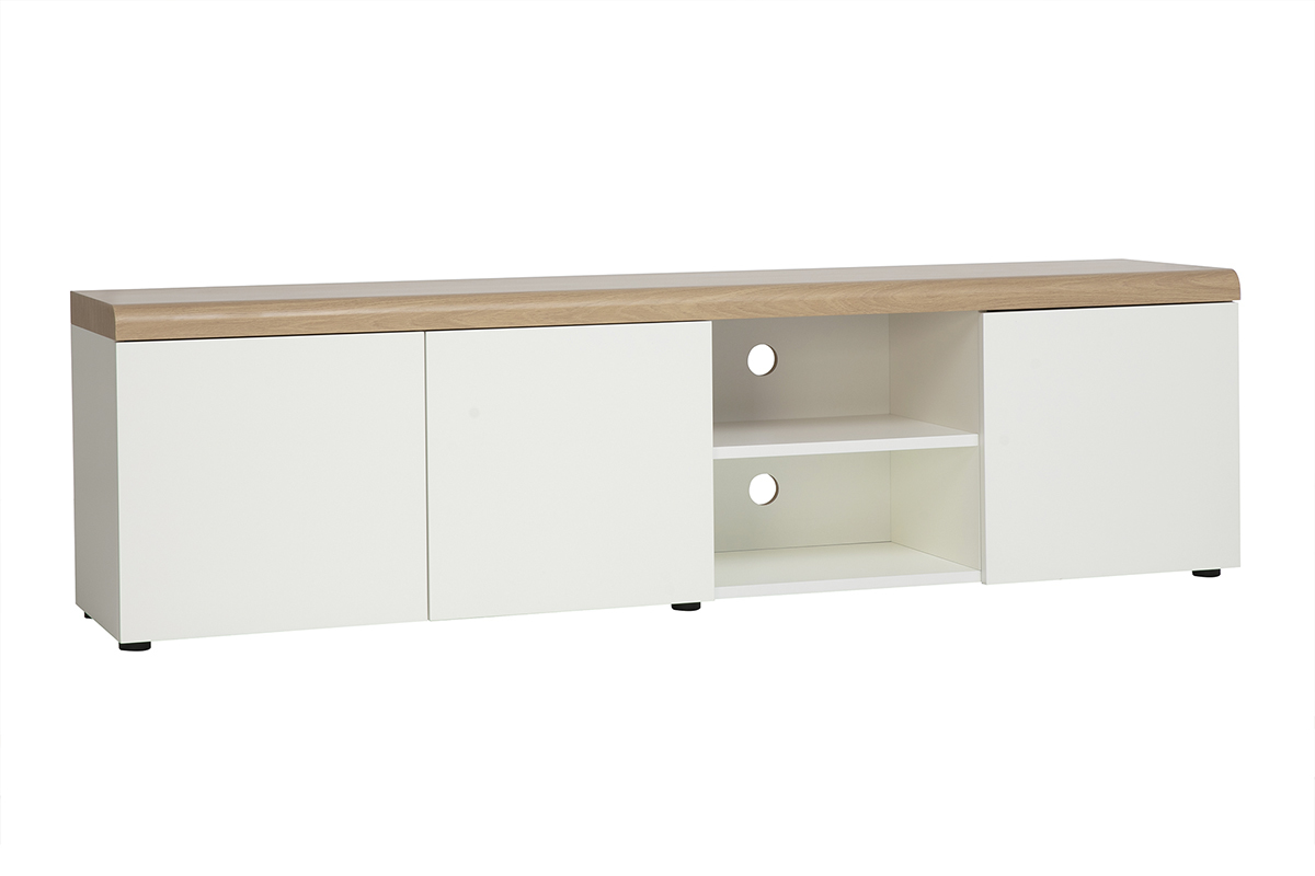 Skandinavisches wei�es TV-M�bel mit heller Holzoberfl�che, 3/4-Ansicht, L180 cm, mit Stauraum.