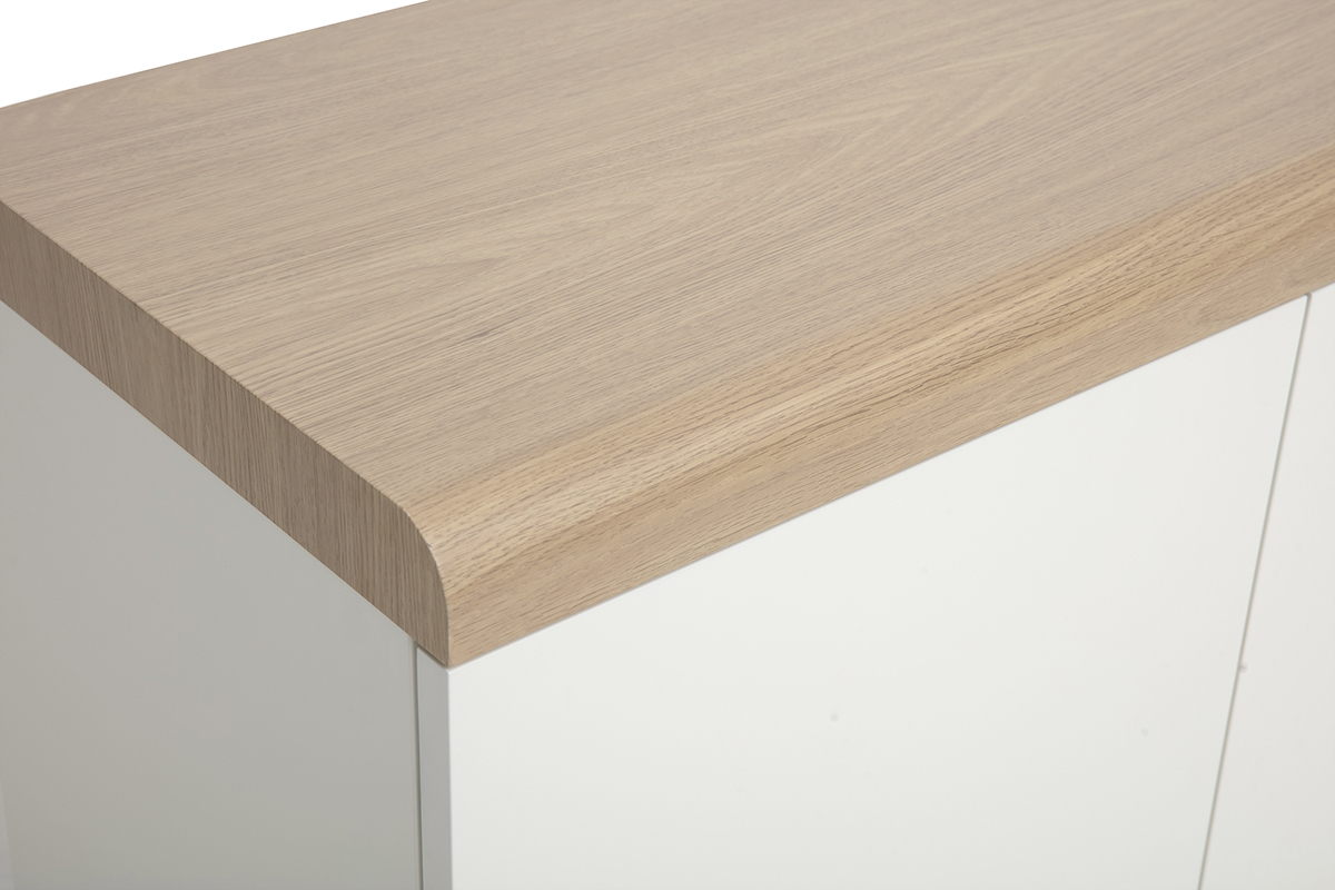 Tablett aus hellem Holz mit abgerundetem Rand des wei�en skandinavischen TV-M�bels LEANA.
