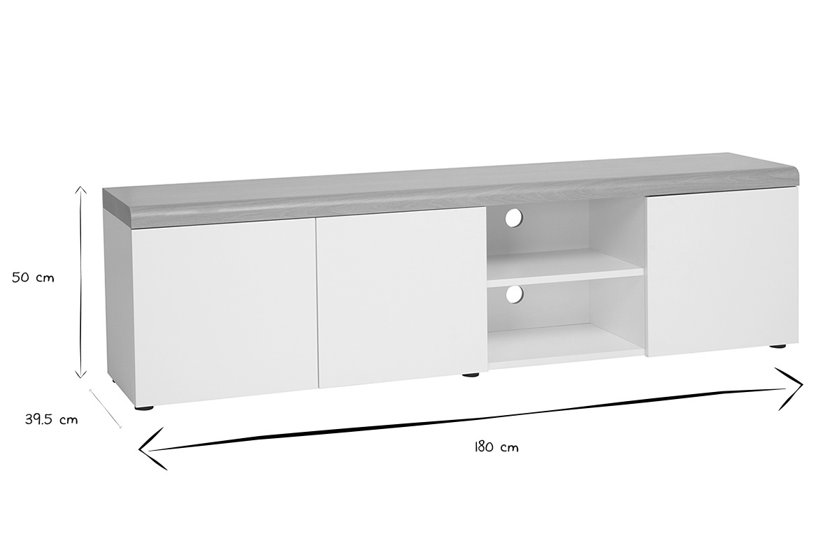 Abmessungen des skandinavischen TV-M�bels LEANA in Schwarz und Wei�: B180 cm, H50 cm, T39,5 cm.