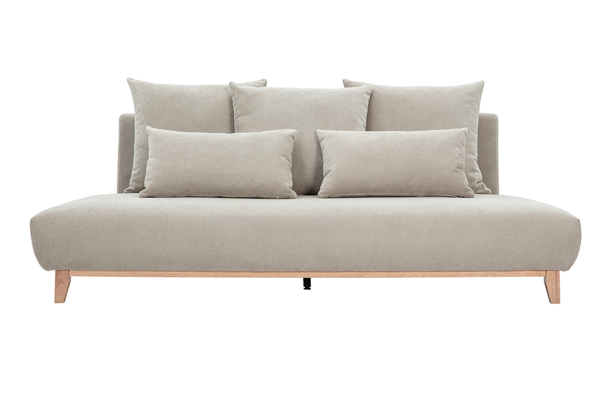 Dreisitzer-Sofa aus beigefarbenem Chenille-Stoff mit hellen Holzf��en, Frontansicht.