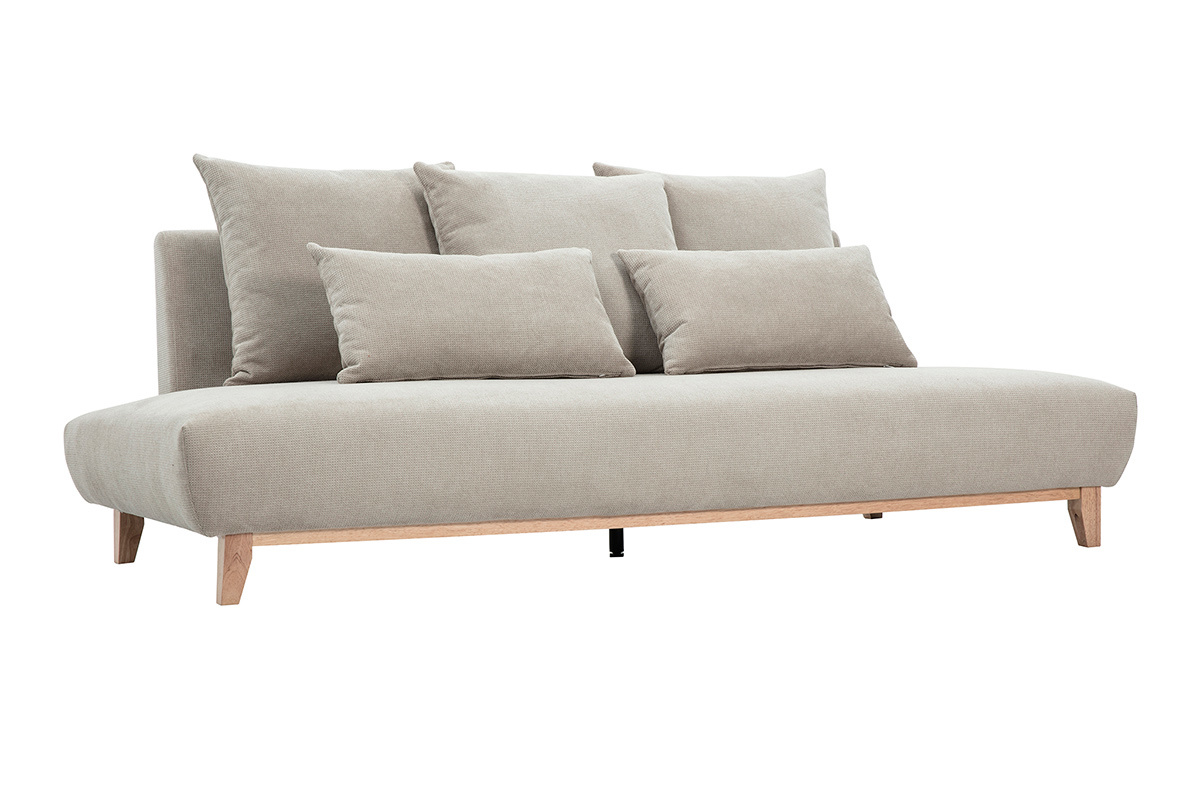 Beiges 3-Sitzer-Sofa aus Chenille-Stoff mit hellen Holzf��en, Ansicht von schr�g vorne.