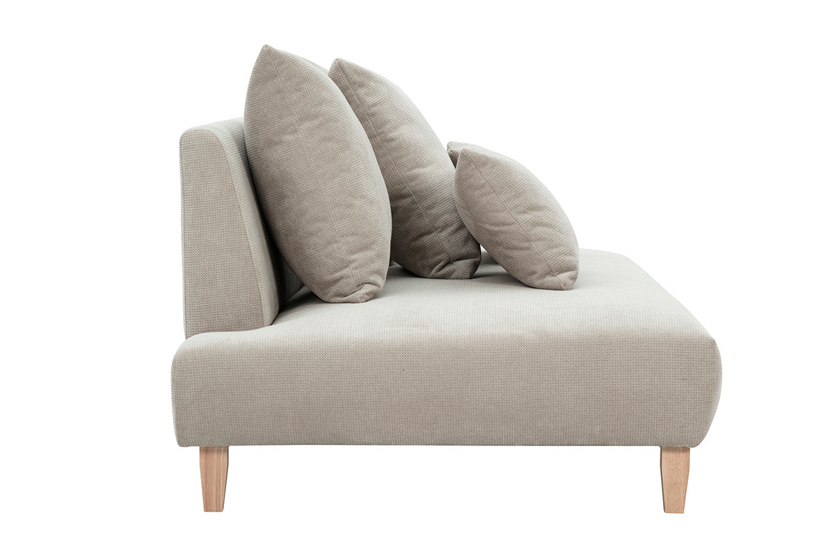 Beige Dreisitzer-Sofa aus Chenille-Stoff mit hellen Holzbeinen, Seitenansicht.