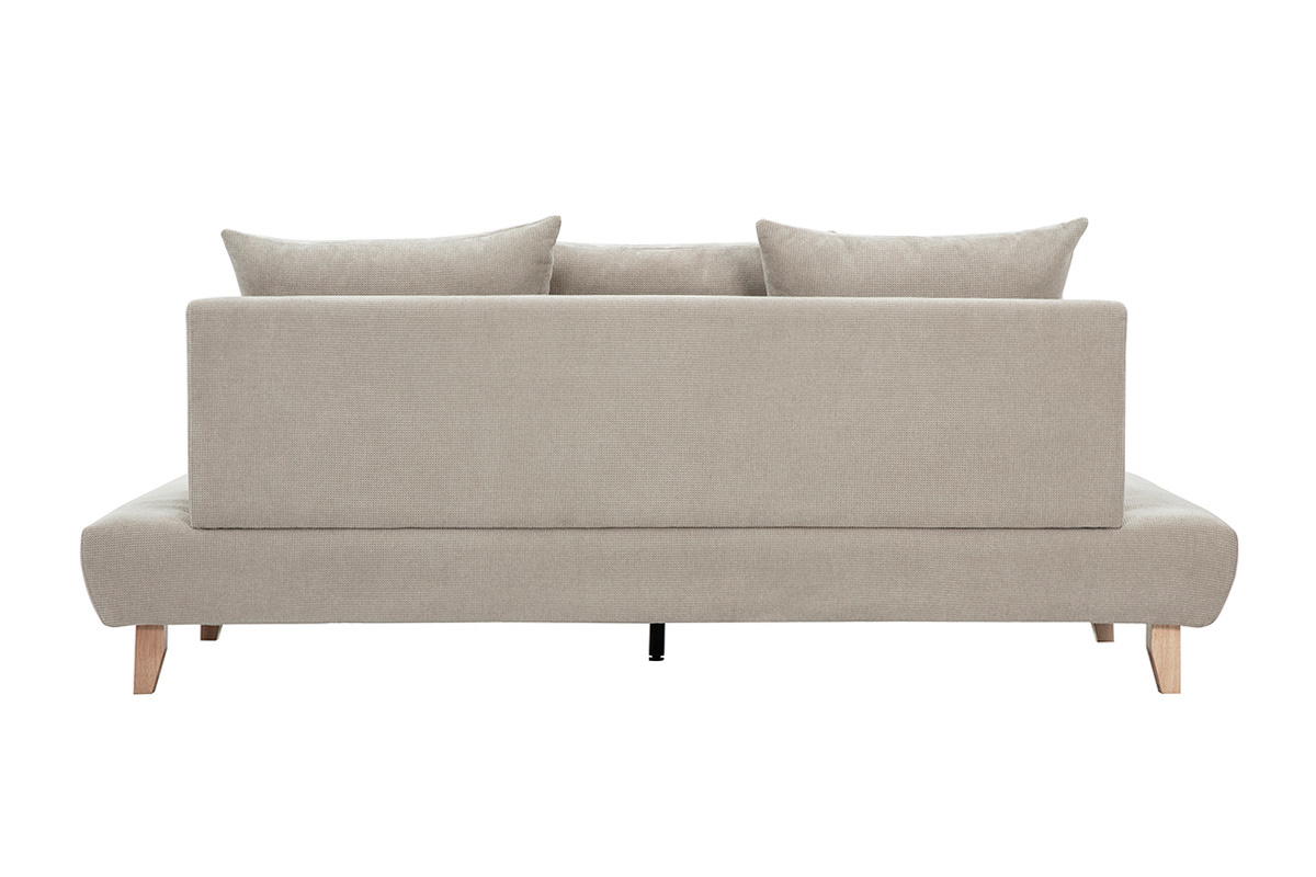 R�ckansicht einer beige 3-Sitzer-Couch aus Chenille-Stoff mit hellen Holzbeinen.