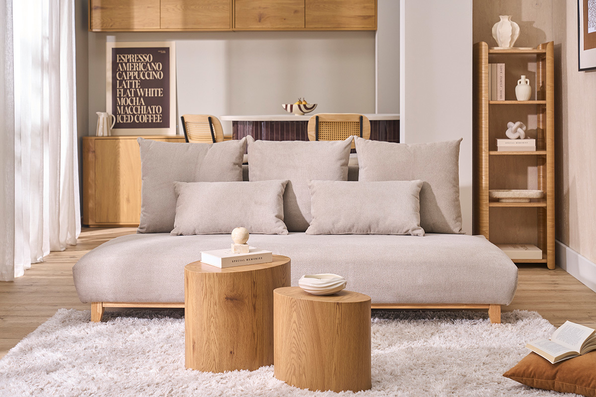 Sofa 3-Sitzer in beige Chenille-Stoff und hellem Holz L201 cm BASTILLE