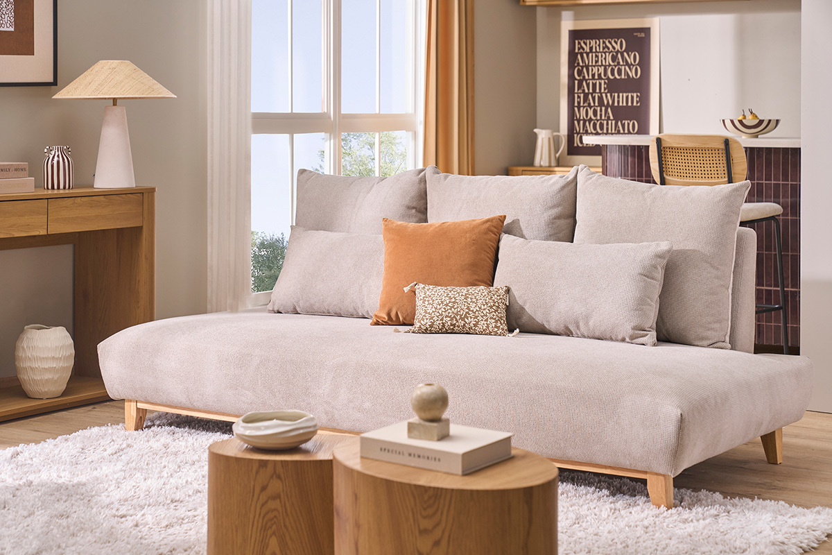 Sofa 3-Sitzer in beige Chenille-Stoff und hellem Holz L201 cm BASTILLE