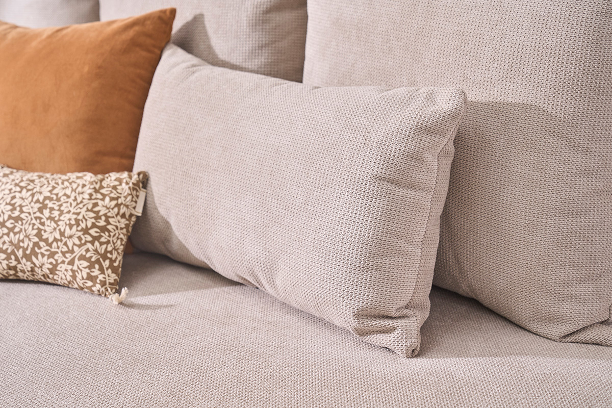 Sofa 3-Sitzer in beige Chenille-Stoff und hellem Holz L201 cm BASTILLE