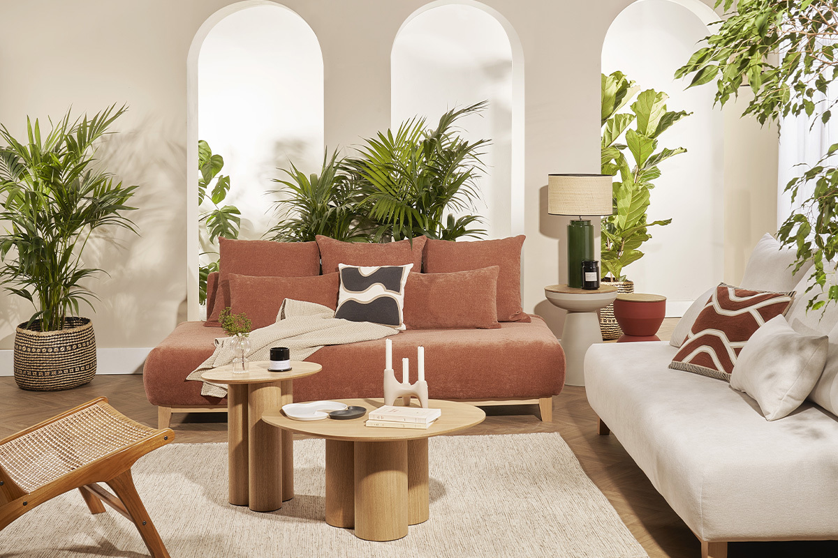 Sofa aus grauem Stoff mit Samteffekt und hellem Holz 3-Sitzer B200 cm ODEON