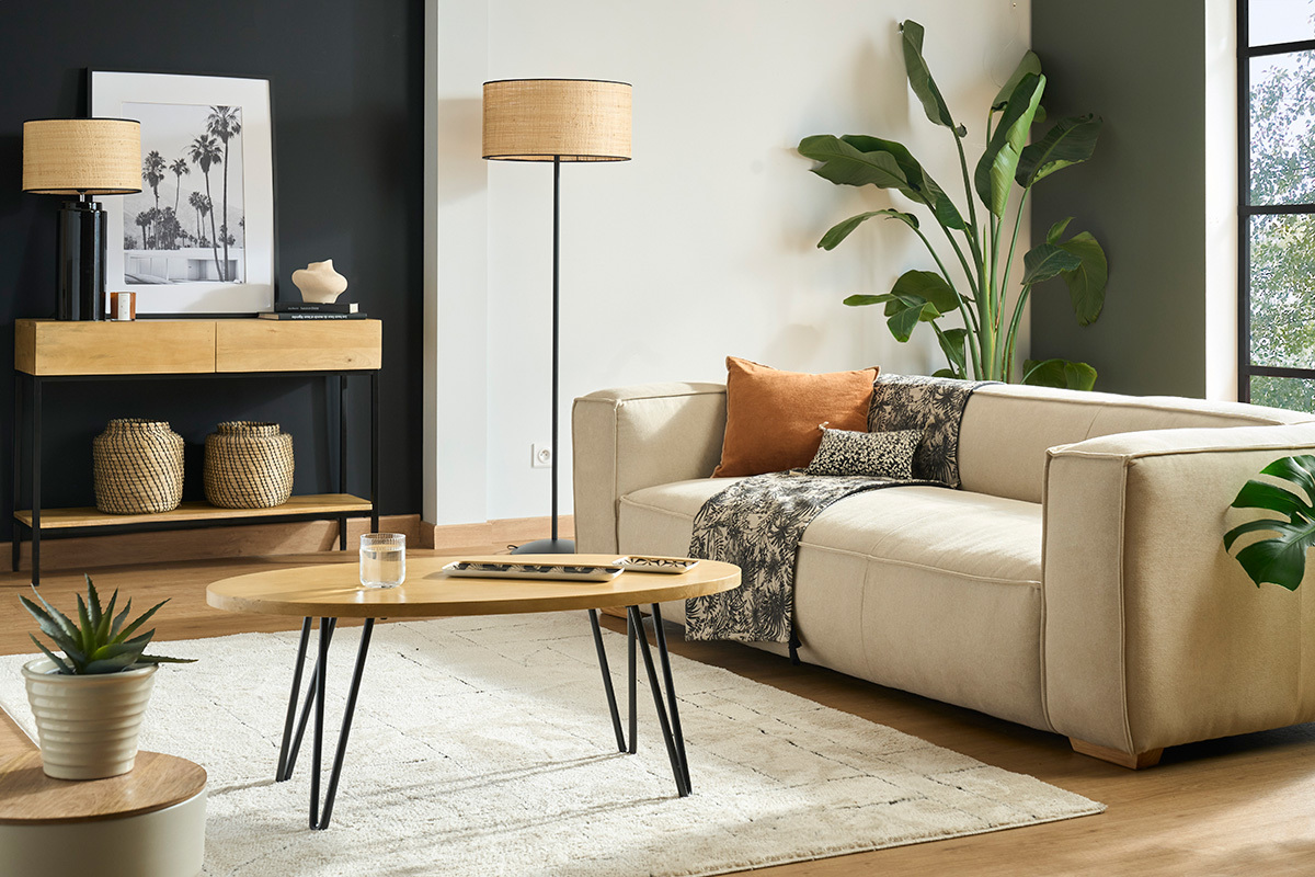 Sofa aus naturfarbenem Stoff mit Samteffekt 3-Sitzer COBAIN