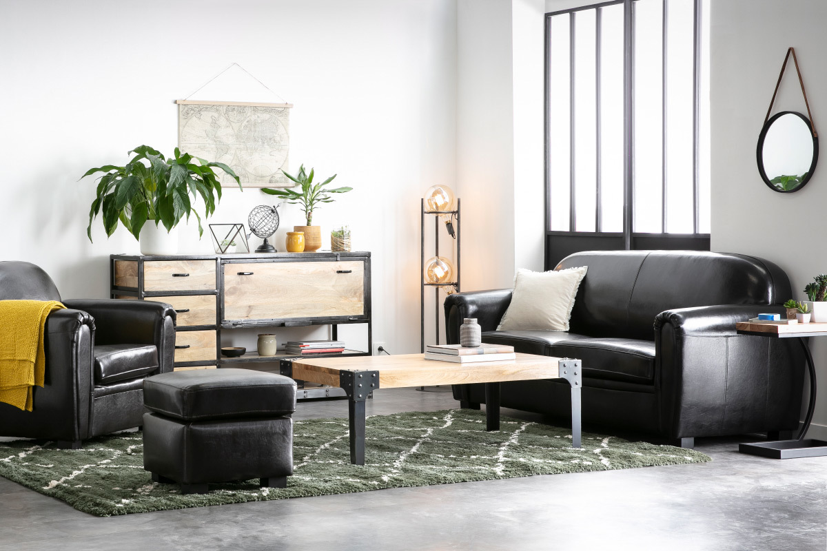 Sofa Club aus schwarzem Leder mit 3 Sitzpltzen - Rindsleder