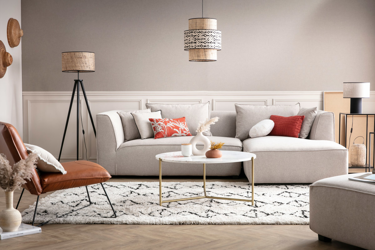 Sofa gerader Winkel modulierbar in beigem Bezug PLURIEL