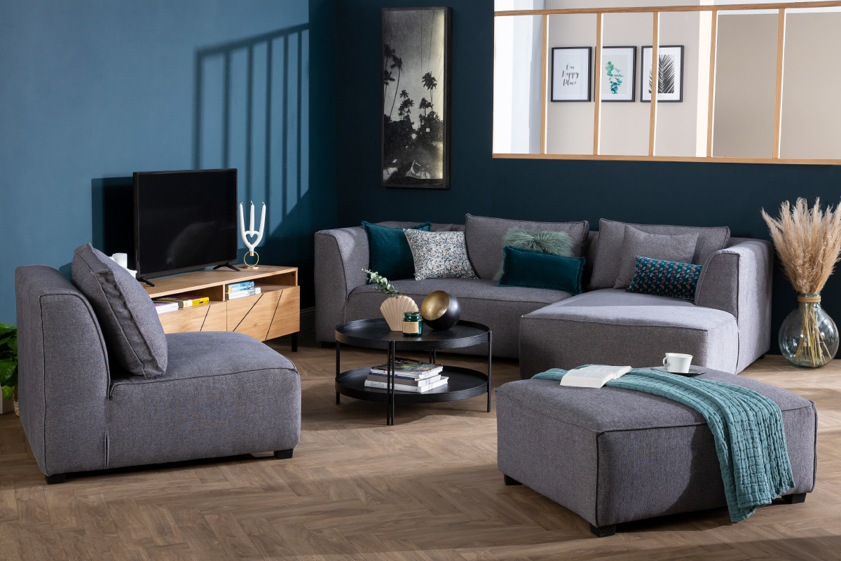 Sofa gerader Winkel modulierbar in hellgrauem Bezug PLURIEL