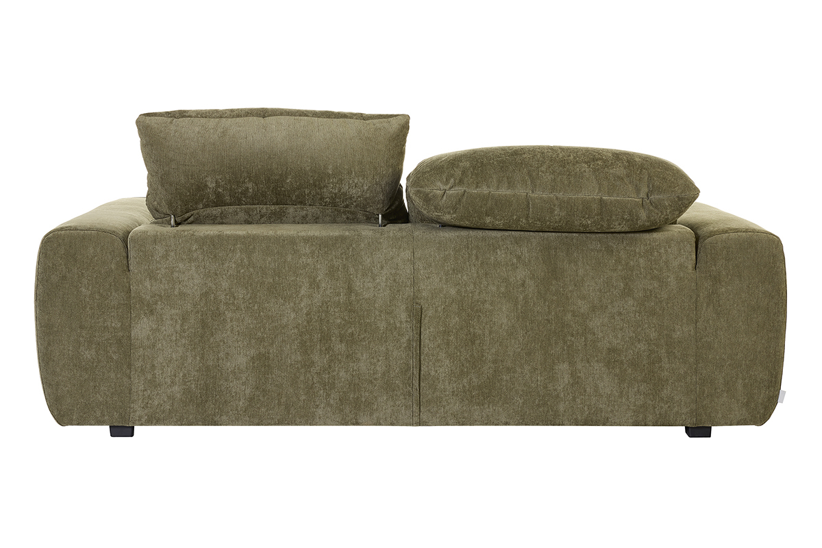 R�ckansicht eines 3-Sitzer-Schlafsofas aus gr�nem khakifarbenem Stoff mit verstellbaren Kopfst�tzen.