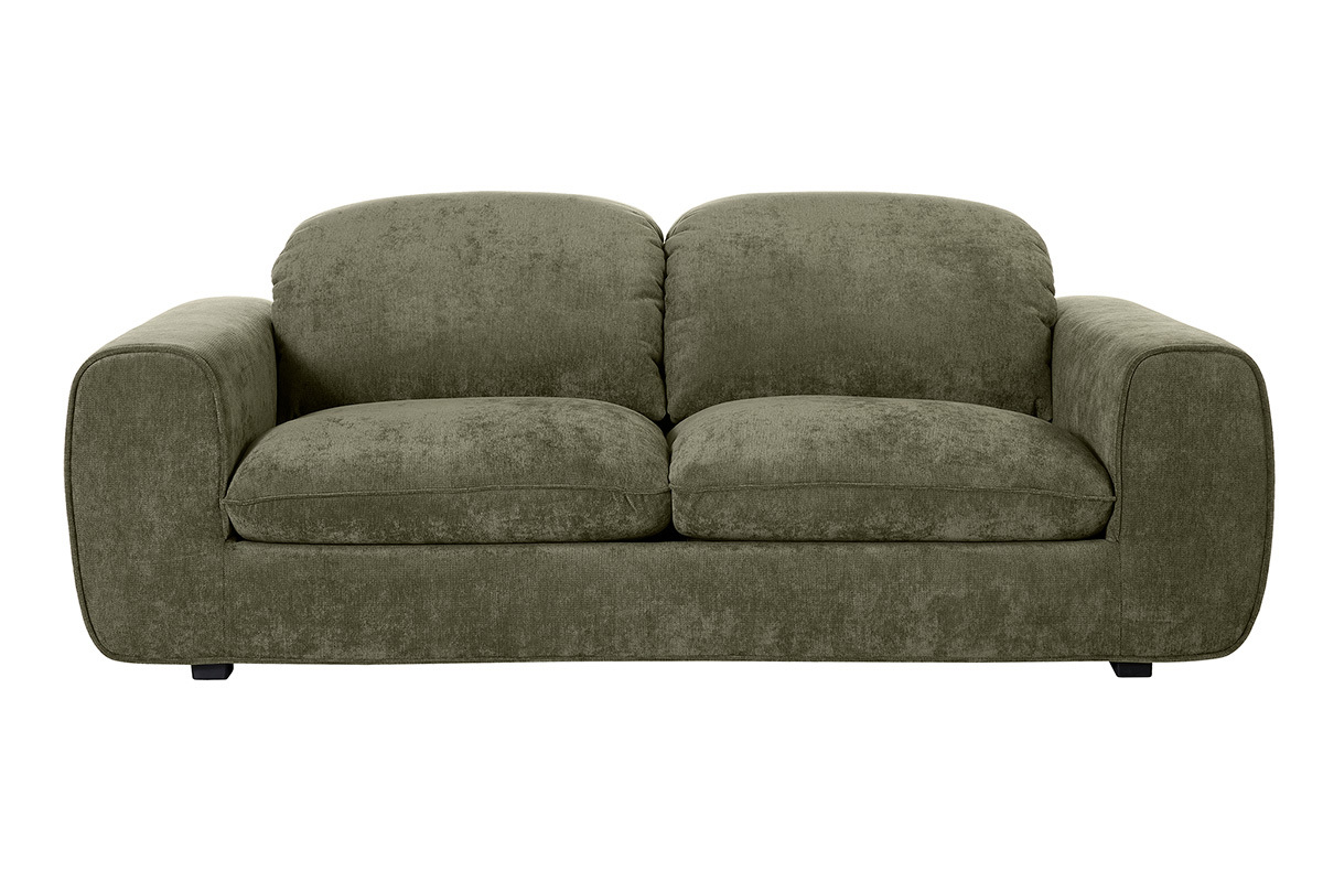 Sofa mit ausziehbarer R�ckenlehne 3-Sitzer mit verstellbaren Kopfst�tzen aus Textil, Velours-Effekt, dunkelgr�n-khaki NOAM
