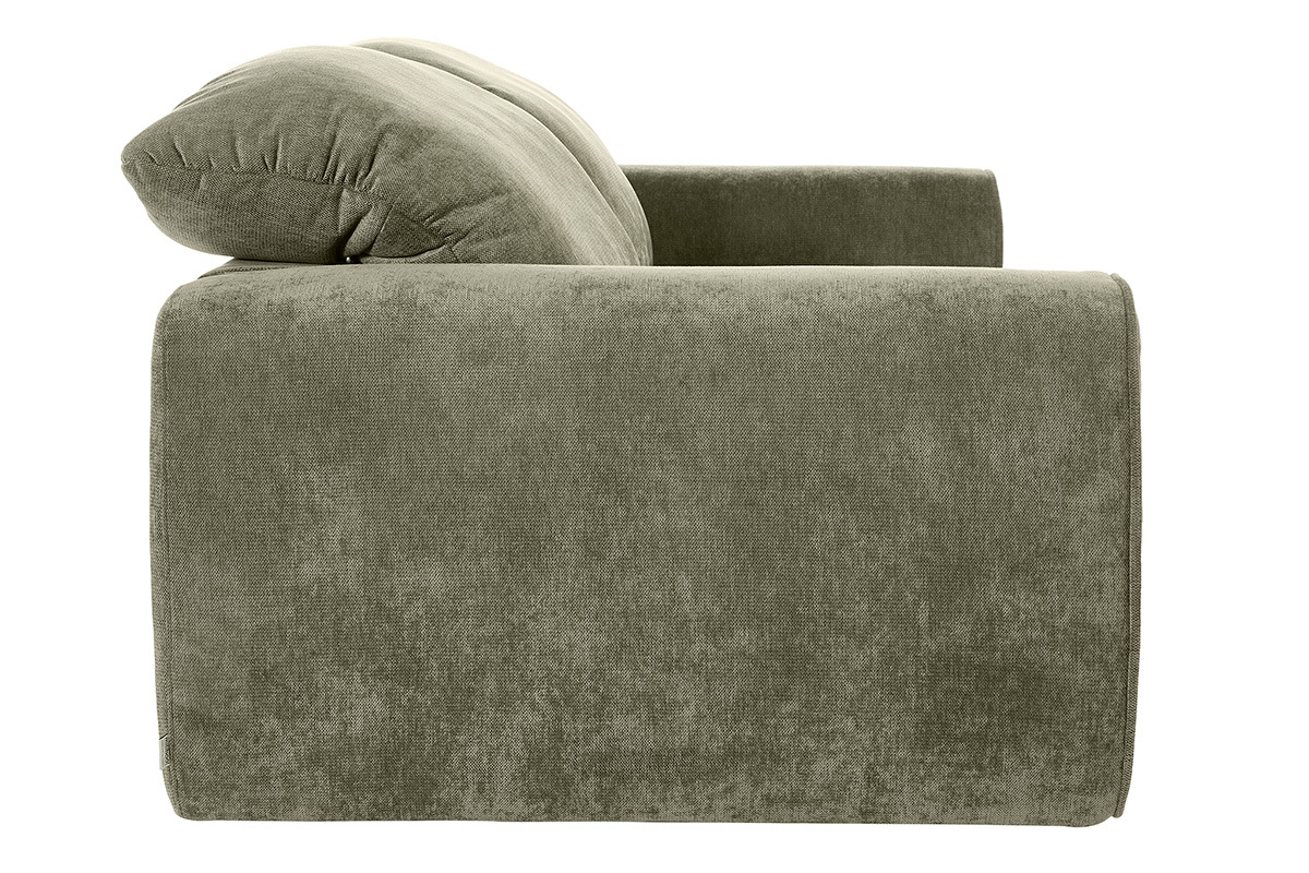 Sofa mit ausziehbarer R�ckenlehne 3-Sitzer mit verstellbaren Kopfst�tzen aus Textil, Velours-Effekt, dunkelgr�n-khaki NOAM