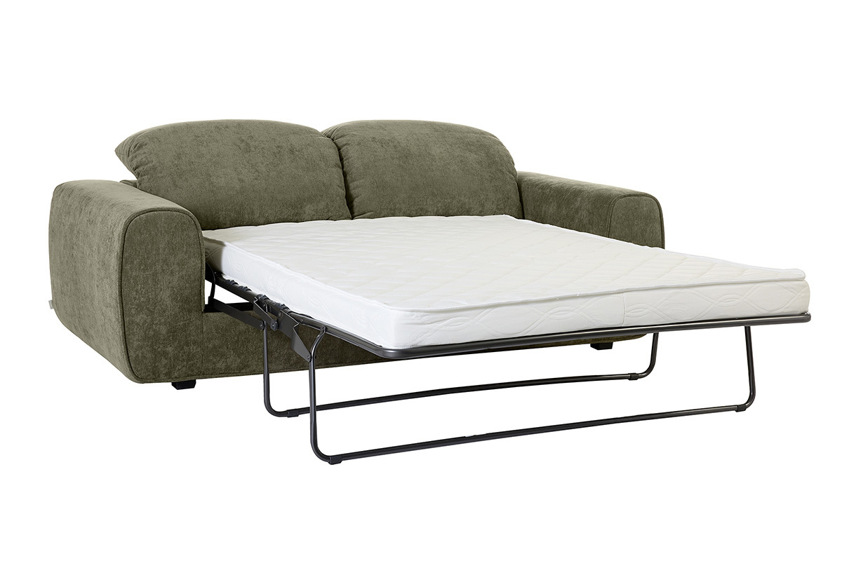 Sofa mit ausziehbarer R�ckenlehne 3-Sitzer mit verstellbaren Kopfst�tzen aus Textil, Velours-Effekt, dunkelgr�n-khaki NOAM