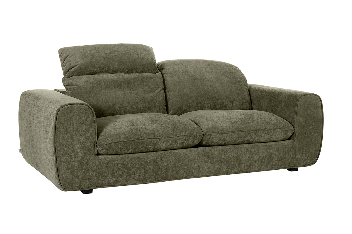 Sofa mit ausziehbarer R�ckenlehne 3-Sitzer mit verstellbaren Kopfst�tzen aus Textil, Velours-Effekt, dunkelgr�n-khaki NOAM