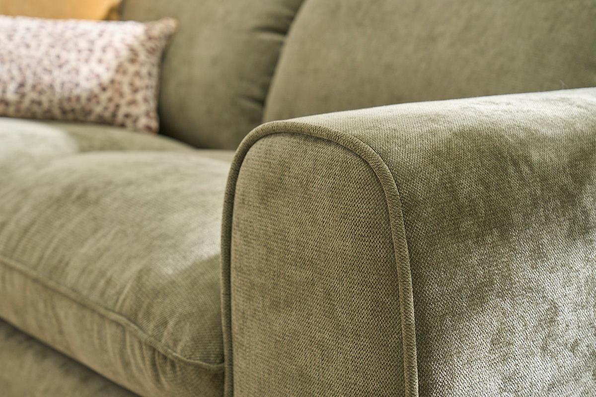 Sofa mit ausziehbarer R�ckenlehne 3-Sitzer mit verstellbaren Kopfst�tzen aus Textil, Velours-Effekt, dunkelgr�n-khaki NOAM