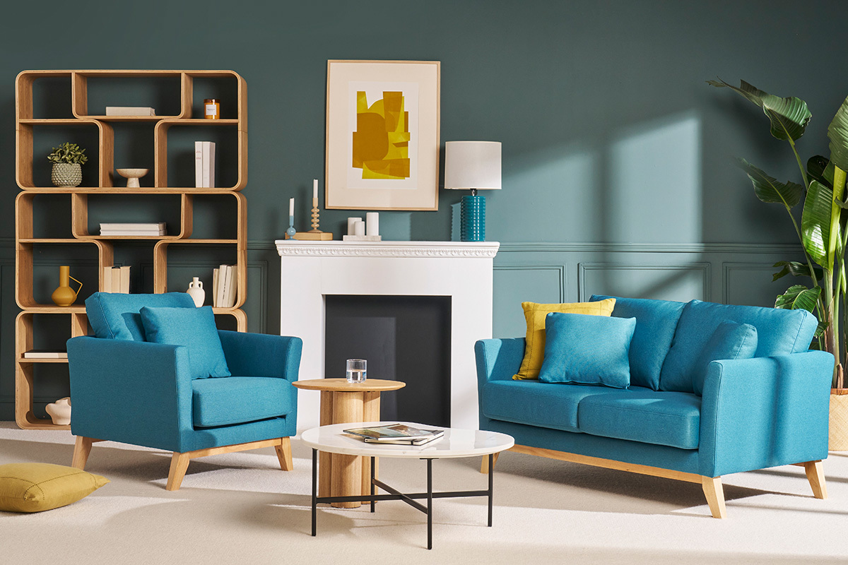 Sofa skandinavisch 2 Pltze Blaugrn helle Holzbeine OSLO