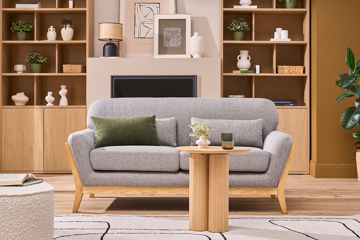 Sofa skandinavisch 2 Pltze Grau Holzbeine YOKO