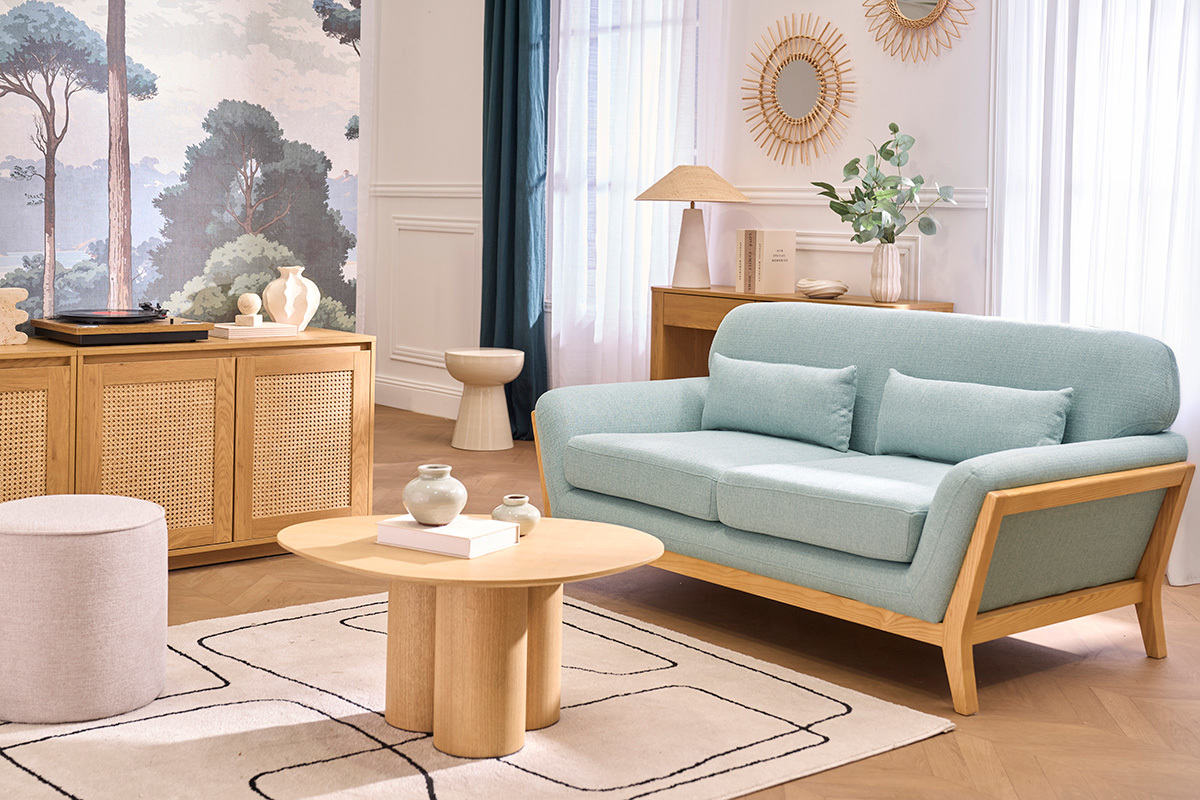 Sofa skandinavisch 2 Pl�tze Lagunenblau Holzbeine YOKO