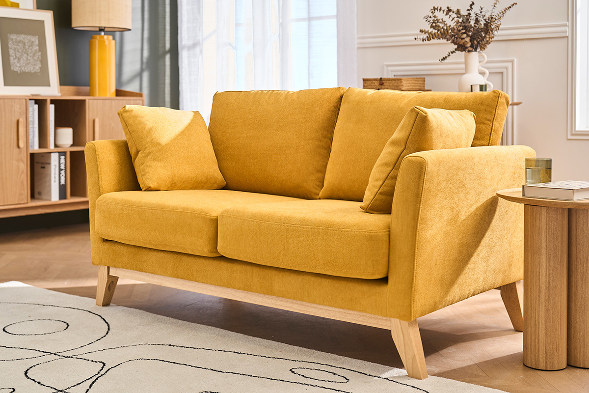 Sofa skandinavisch 2 Pl�tze Senfgelb helle Holzbeine OSLO