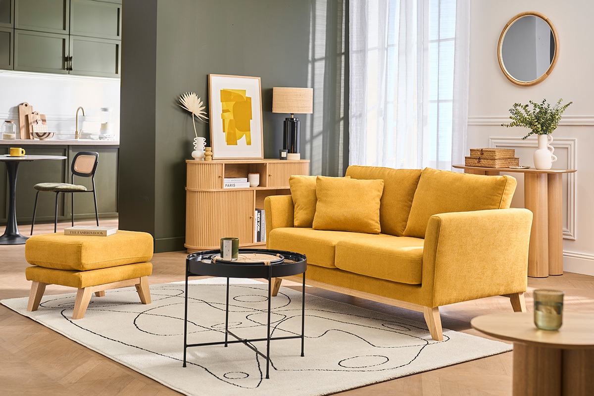 Sofa skandinavisch 2 Pl�tze Senfgelb helle Holzbeine OSLO