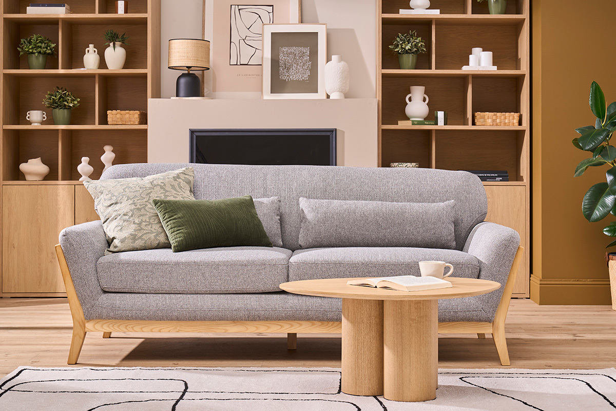 Sofa skandinavisch 3 Pltze Grau Holzbeine YOKO